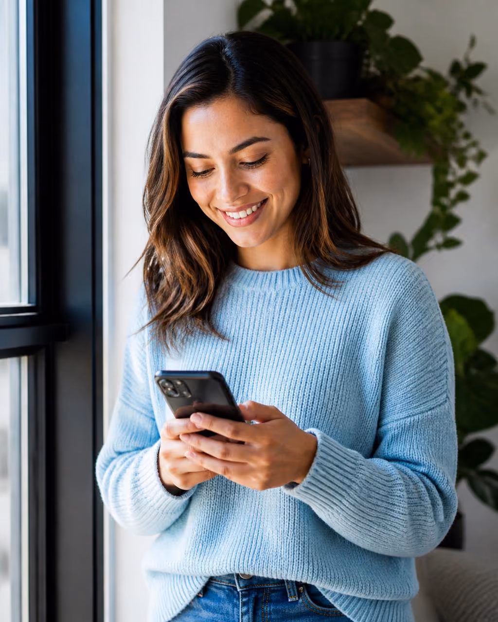 Cardholder smiling while using a mobile phone on a city street