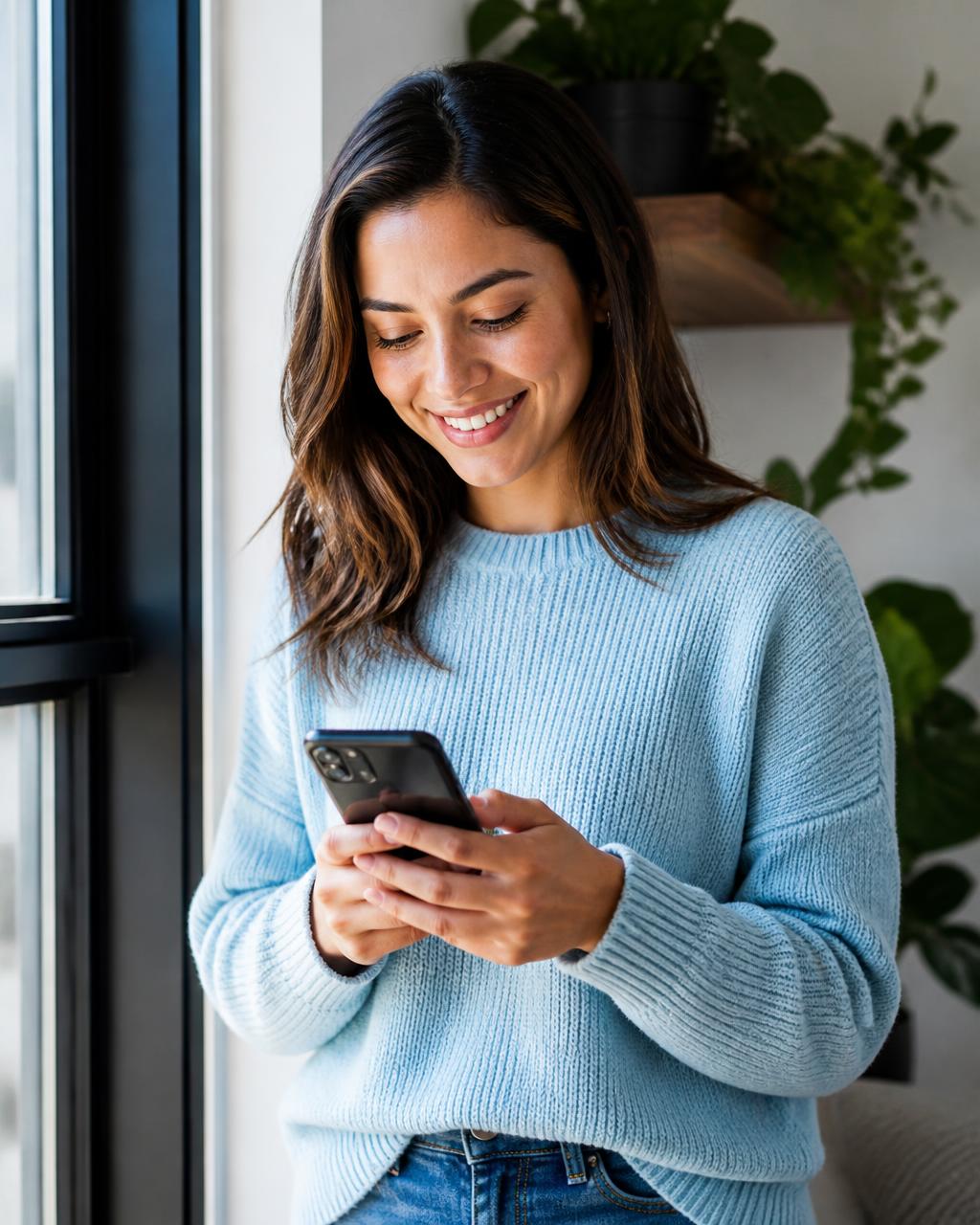Cardholder smiling while using a mobile phone on a city street