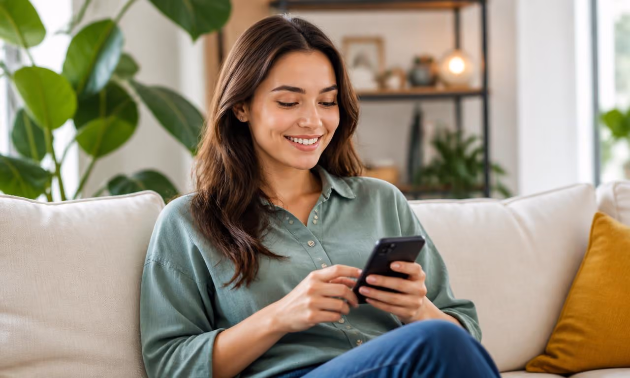 Cardholder smiling while using a mobile phone on a city street
