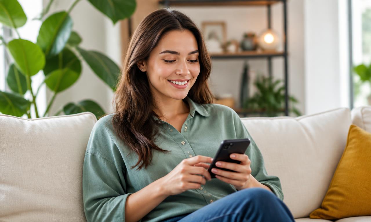 Cardholder smiling while using a mobile phone on a city street