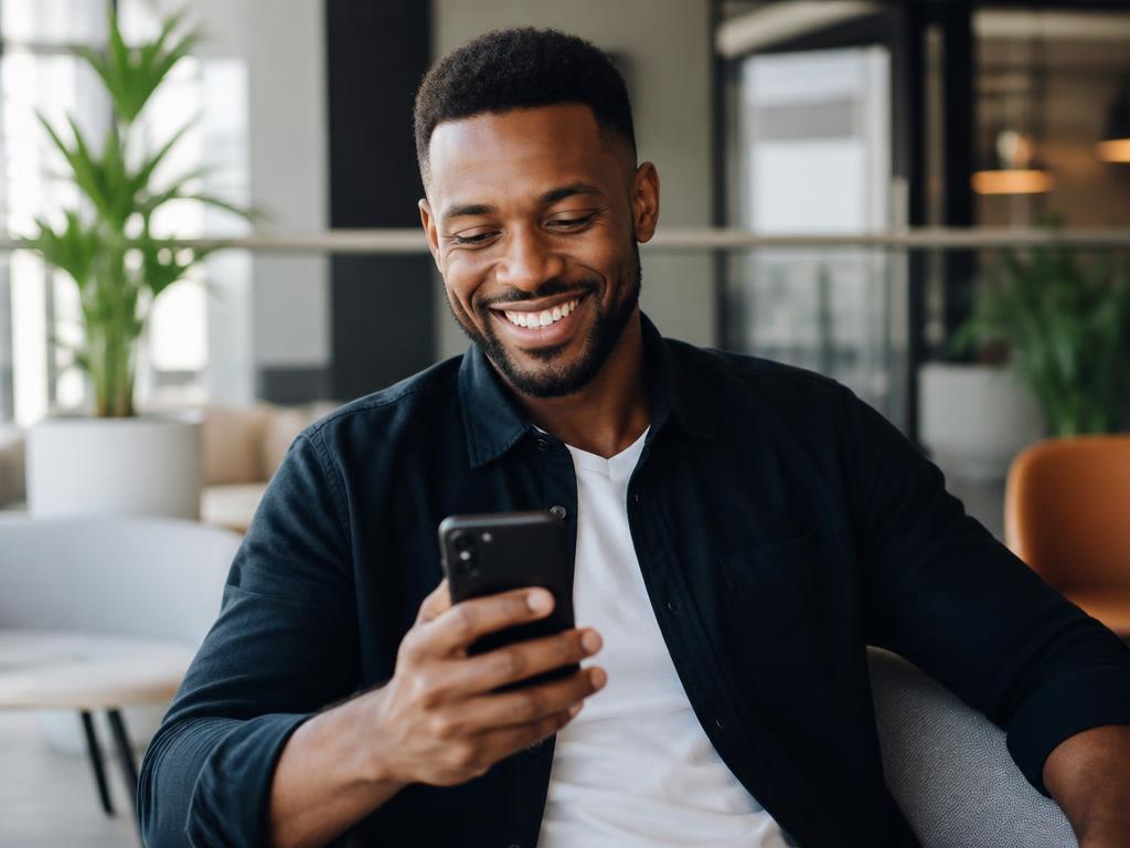 Cardholder smiling while using a mobile phone on a city street