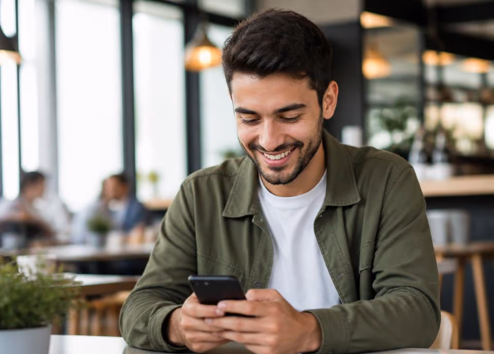 Cardholder smiling while using a mobile phone on a city street