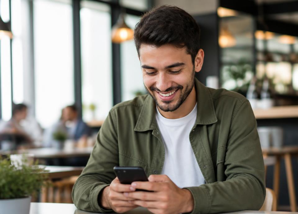 Cardholder smiling while using a mobile phone on a city street