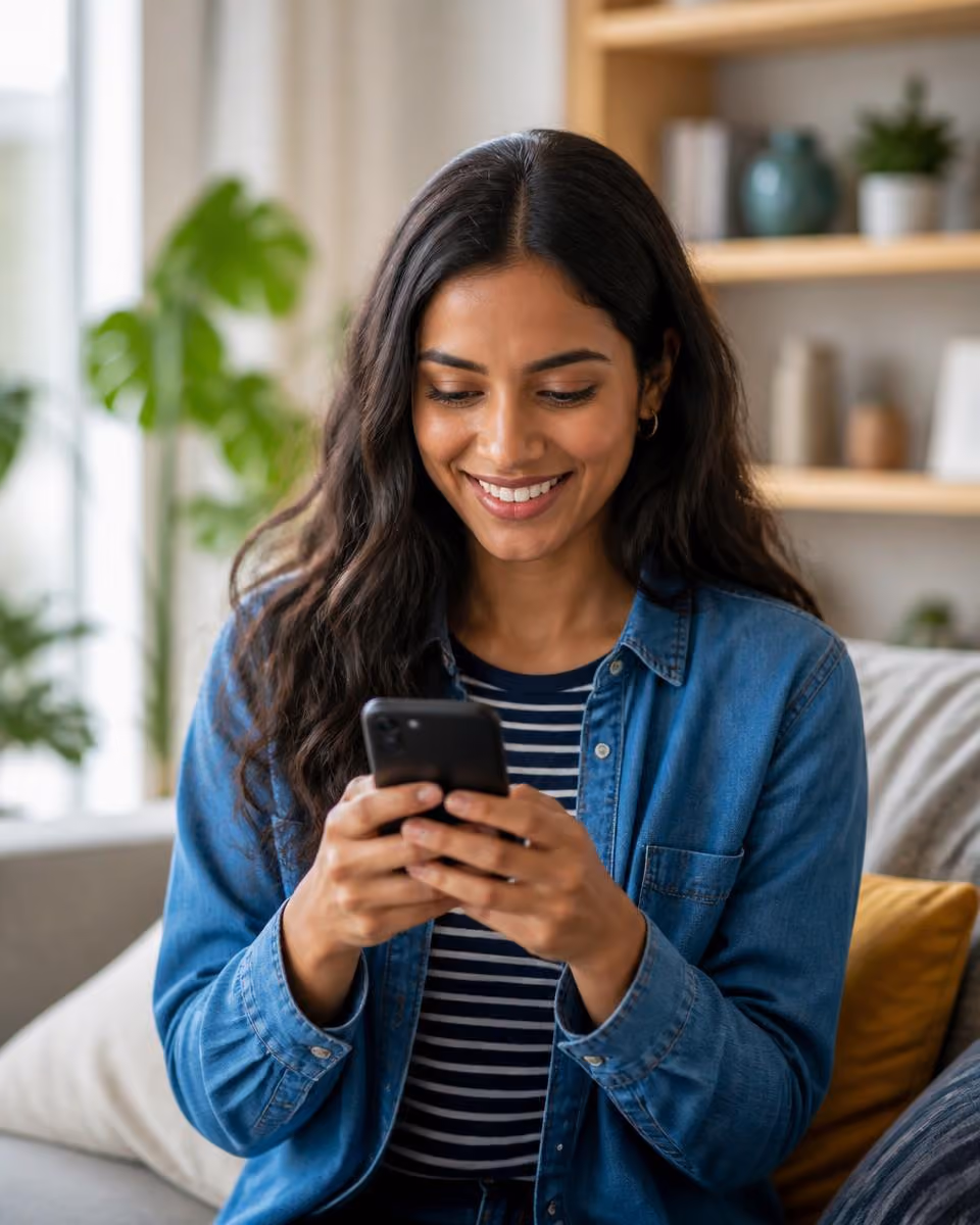 Cardholder smiling while using a mobile phone on a city street