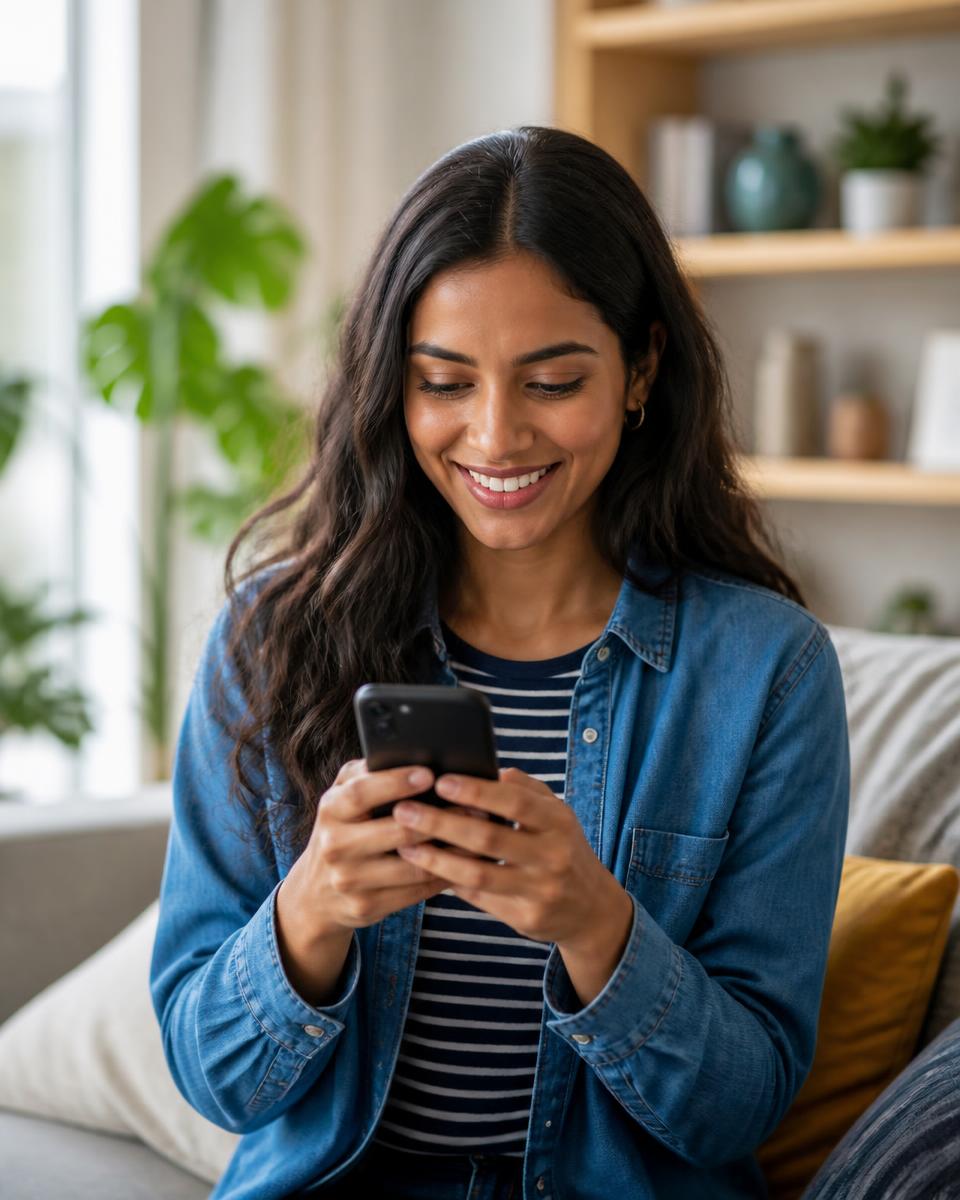 Cardholder smiling while using a mobile phone on a city street