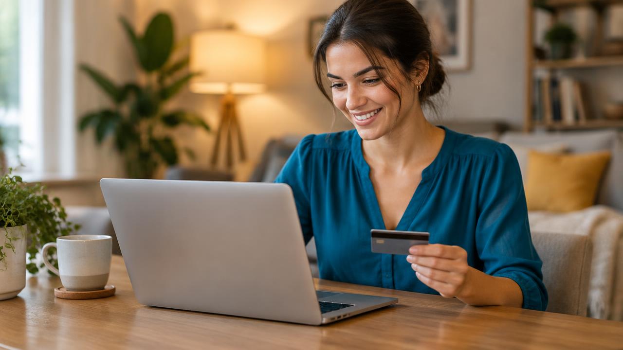 Cardholder smiling while using a mobile phone on a city street