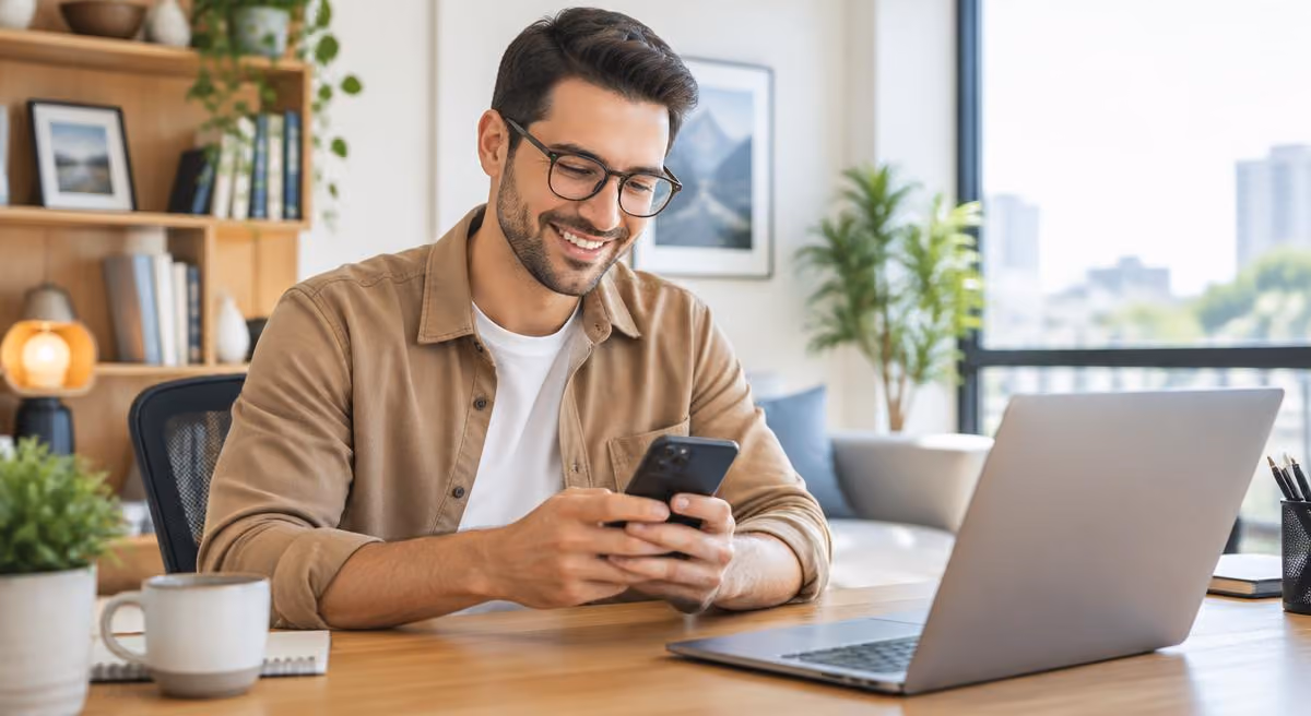 Cardholder smiling while using a mobile phone on a city street