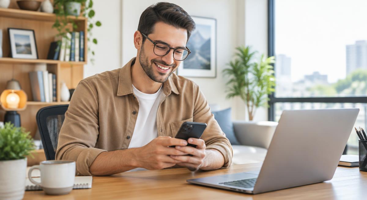 Cardholder smiling while using a mobile phone on a city street