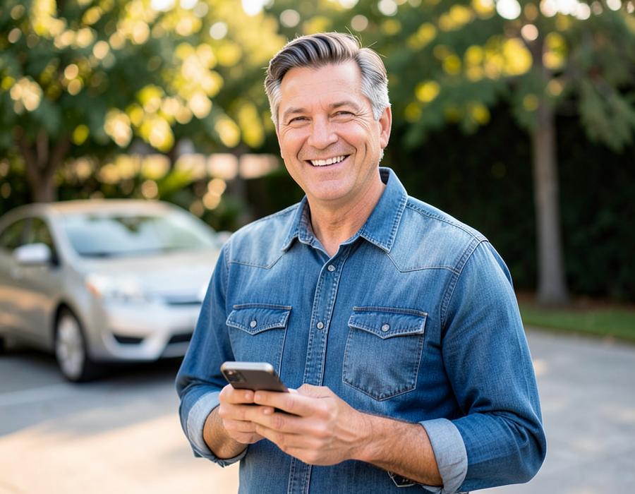Cardholder smiling while using a mobile phone on a city street