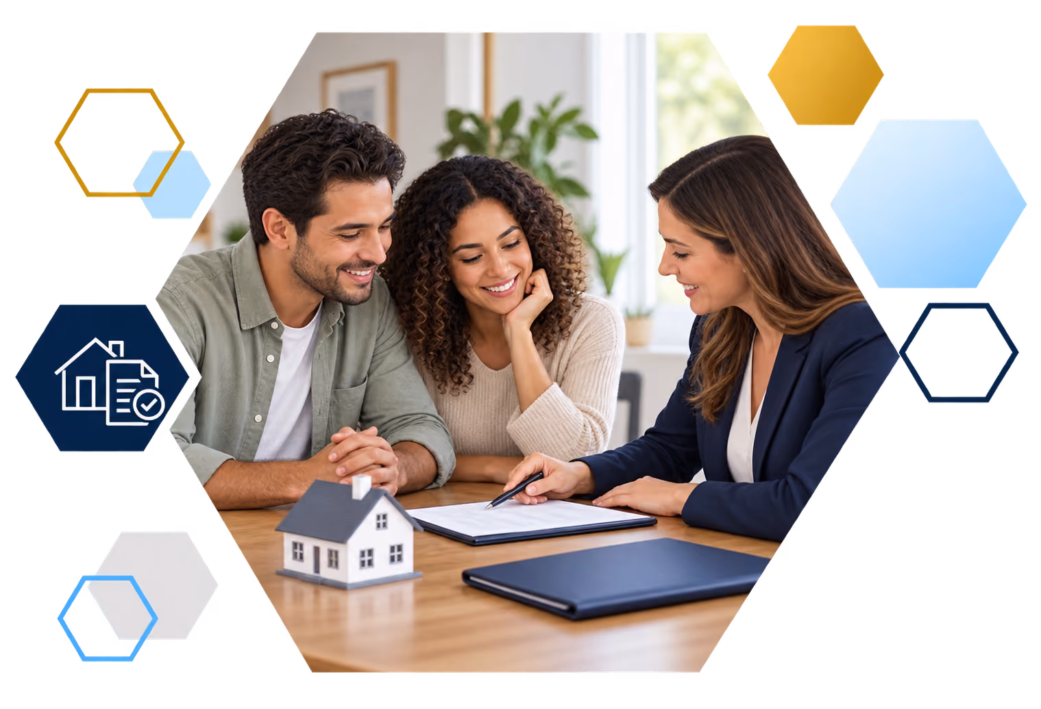 Cardholder making a payment on a laptop with analytics overlays, framed in hexagons