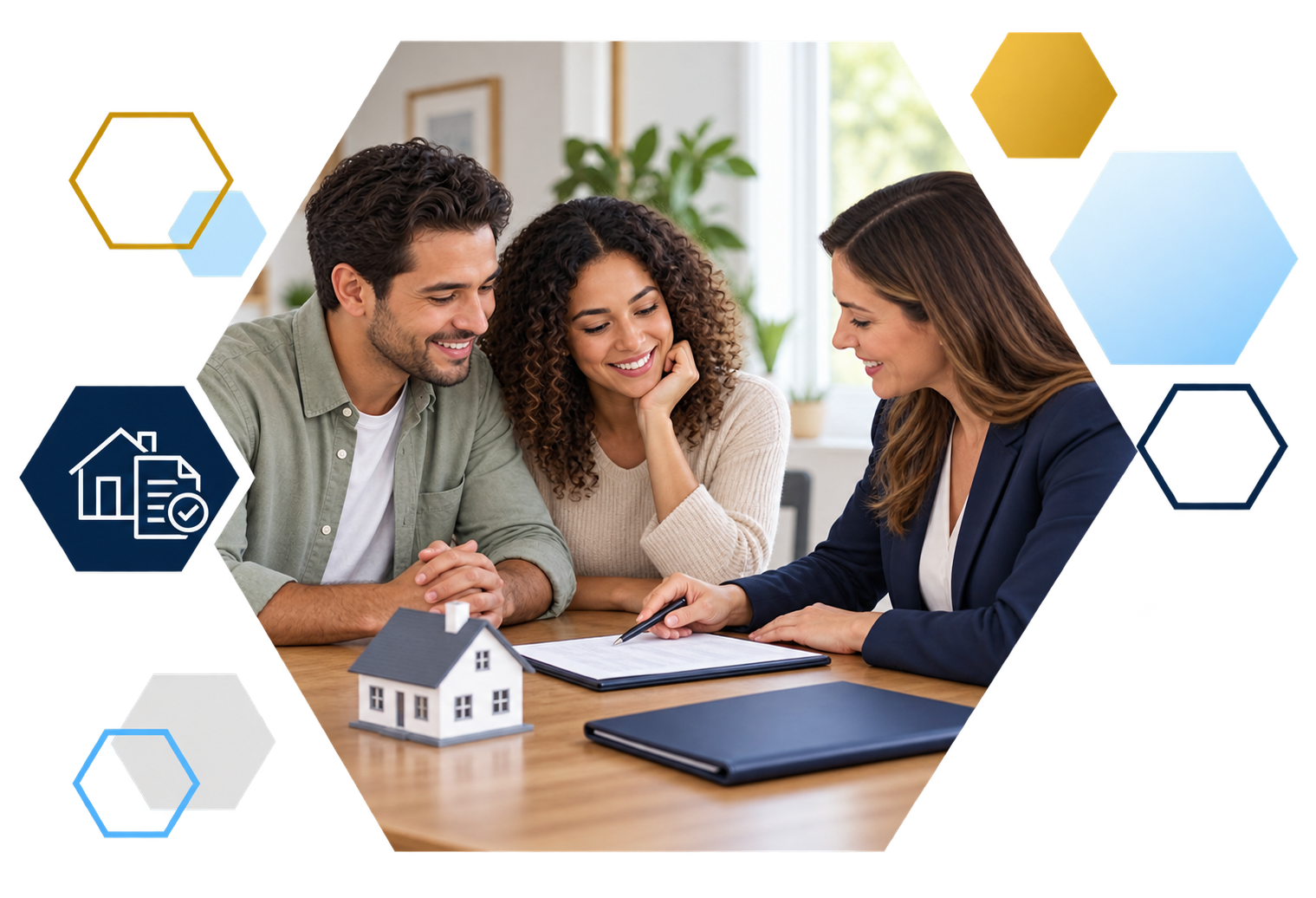 Cardholder making a payment on a laptop with analytics overlays, framed in hexagons