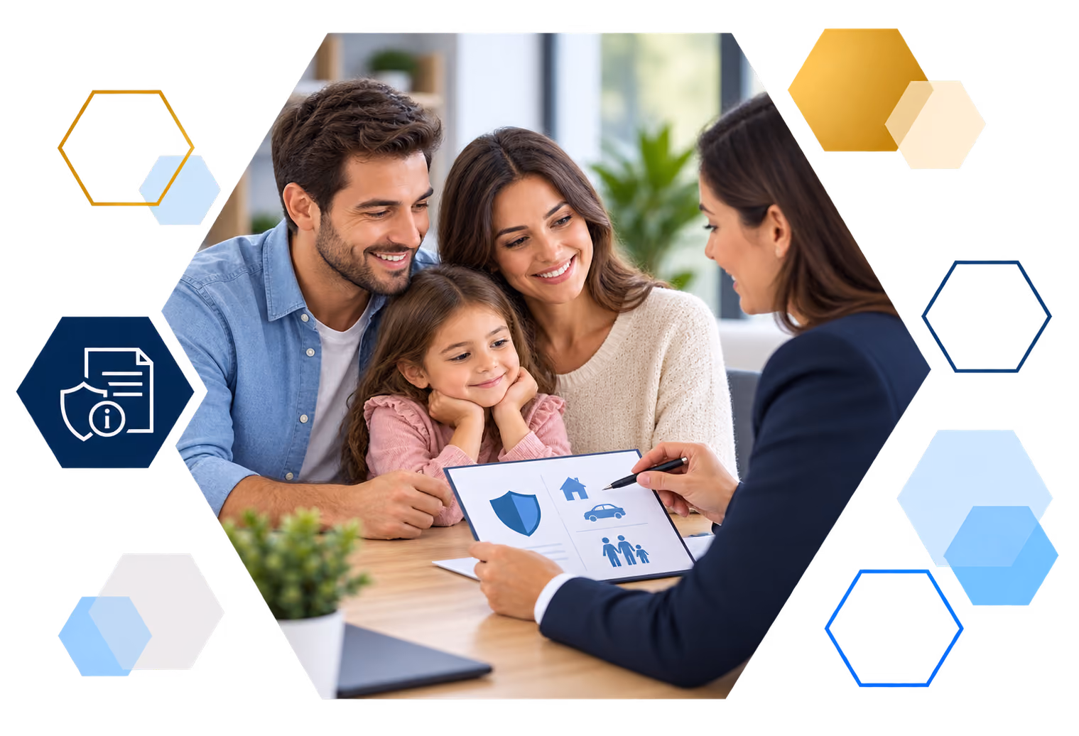 Cardholder making a payment on a laptop with analytics overlays, framed in hexagons