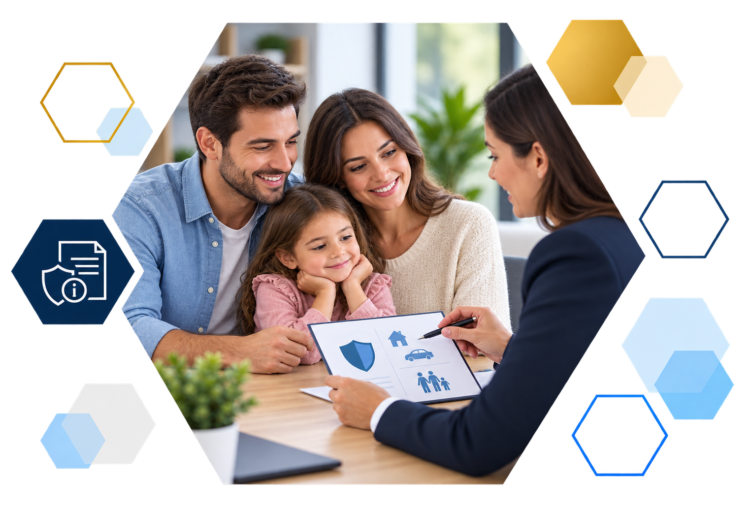 Cardholder making a payment on a laptop with analytics overlays, framed in hexagons