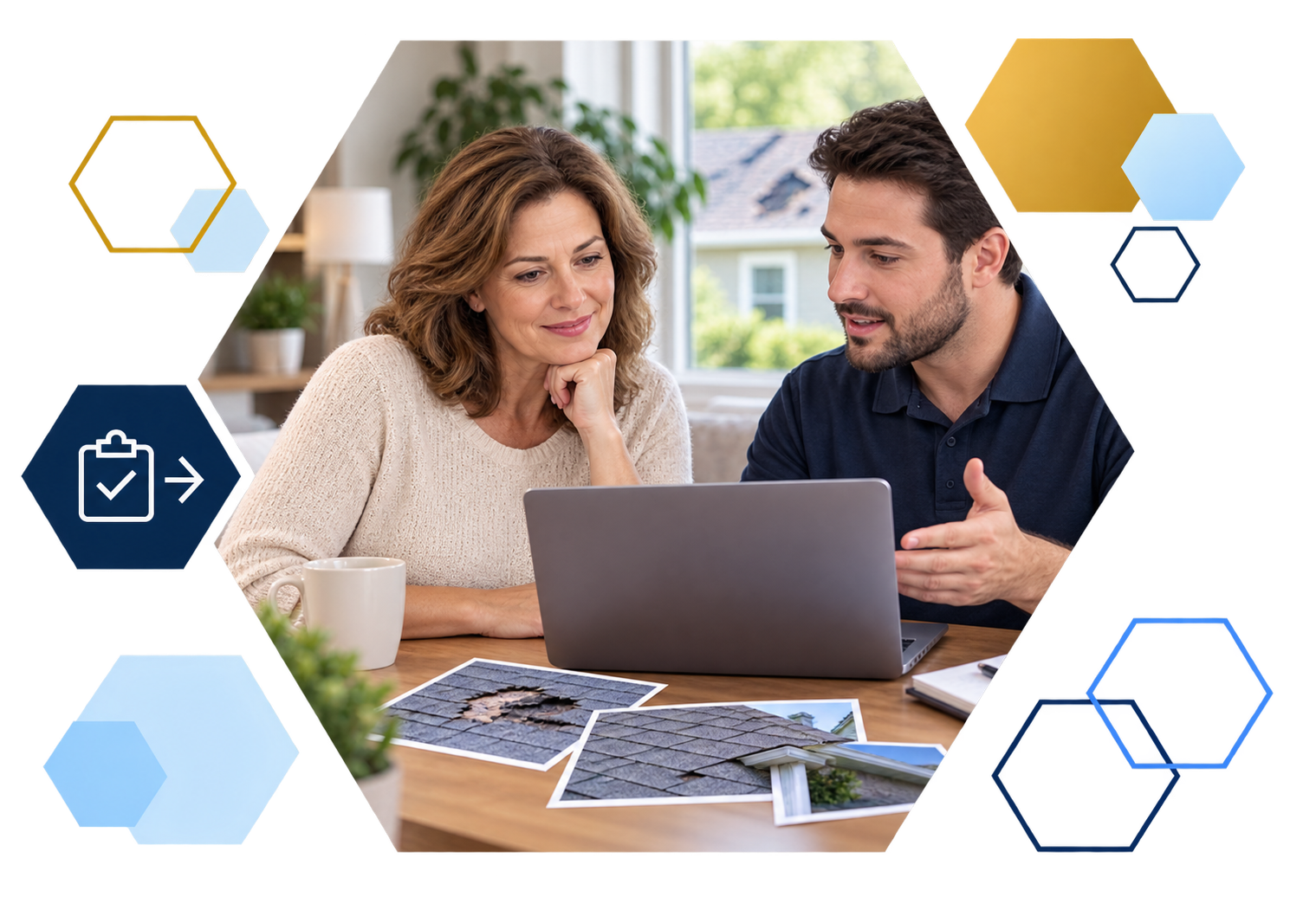 Cardholder making a payment on a laptop with analytics overlays, framed in hexagons