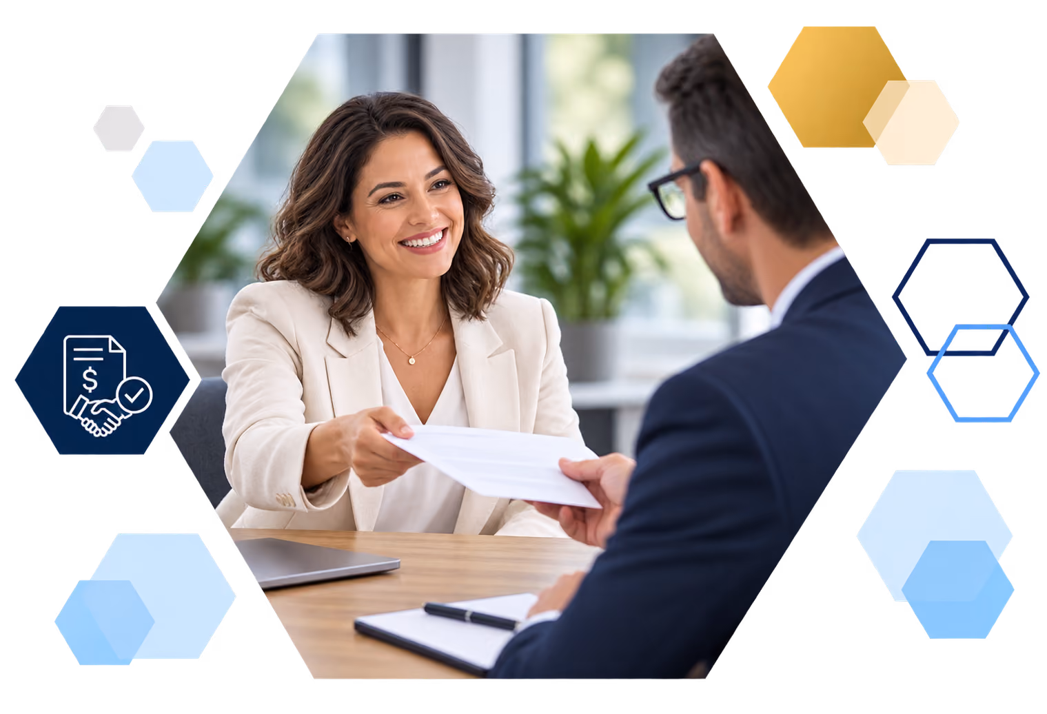 Cardholder making a payment on a laptop with analytics overlays, framed in hexagons