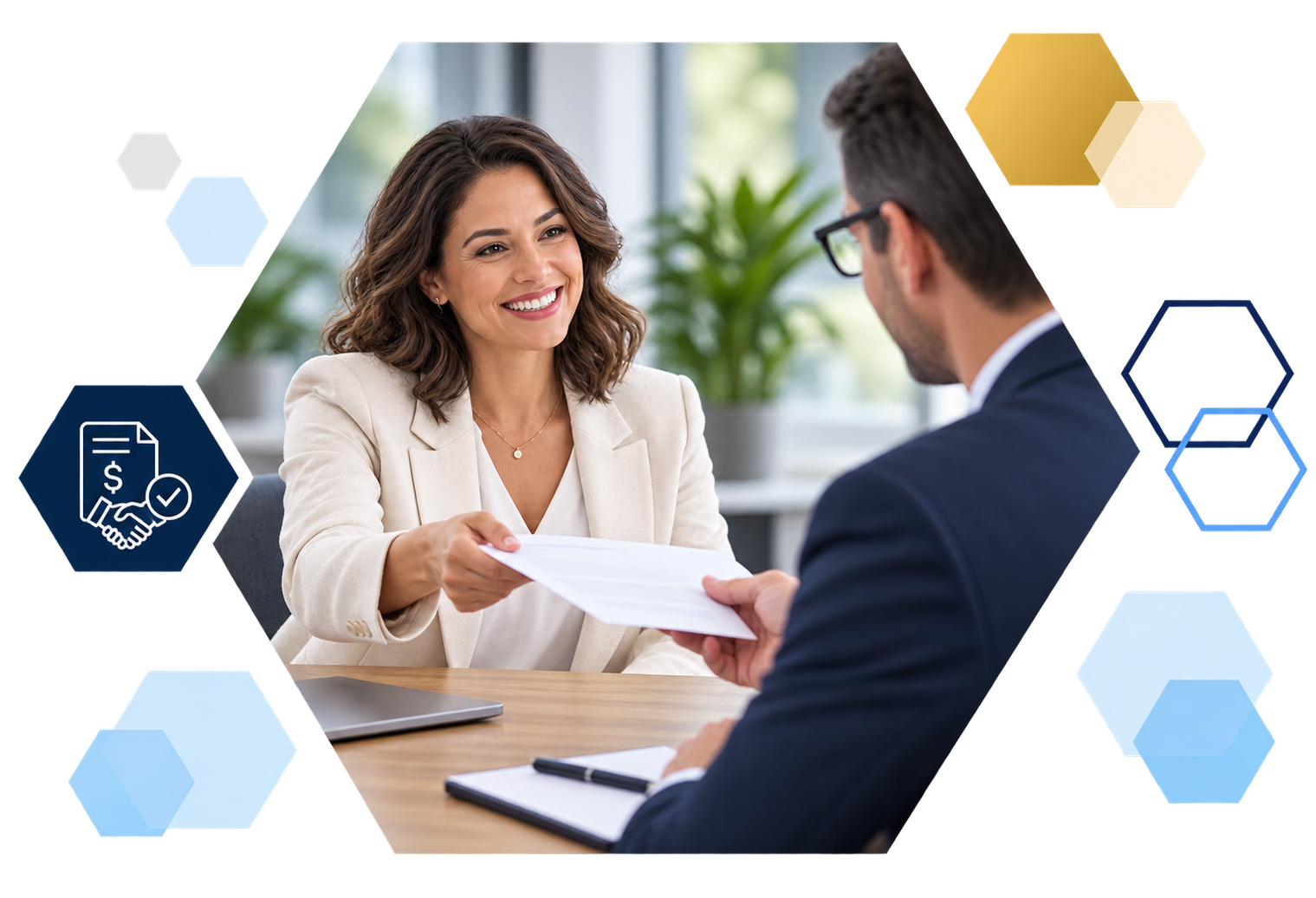 Cardholder making a payment on a laptop with analytics overlays, framed in hexagons