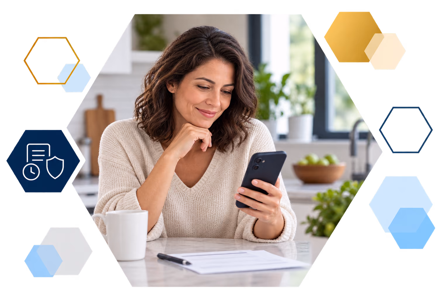 Cardholder making a payment on a laptop with analytics overlays, framed in hexagons