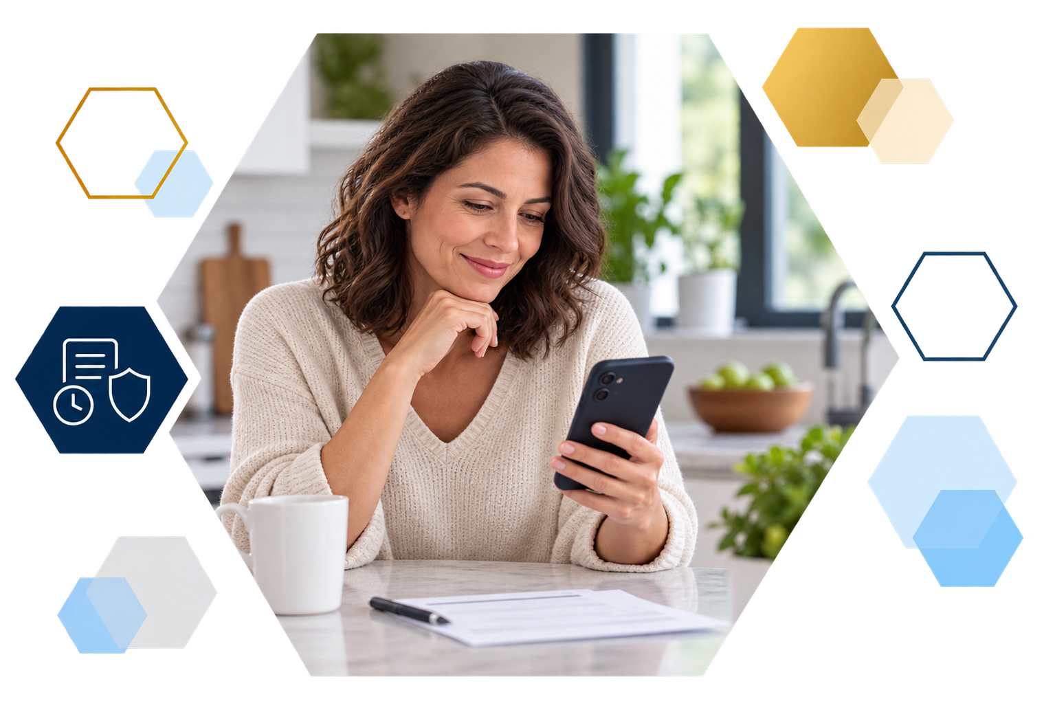 Cardholder making a payment on a laptop with analytics overlays, framed in hexagons