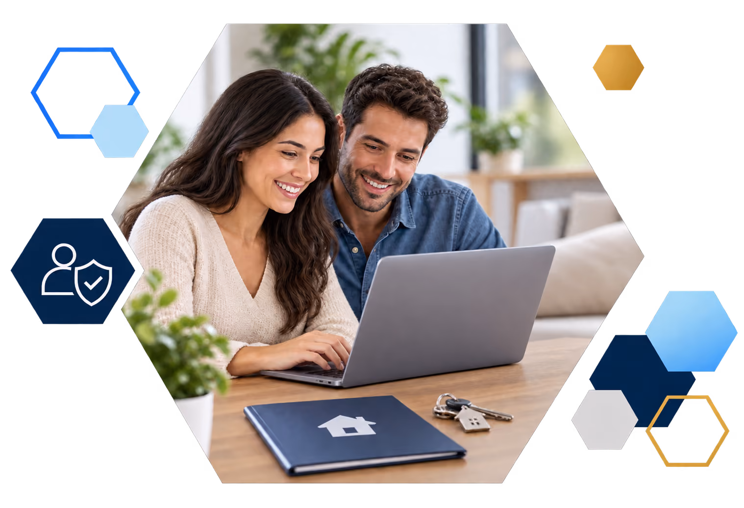 Cardholder making a payment on a laptop with analytics overlays, framed in hexagons