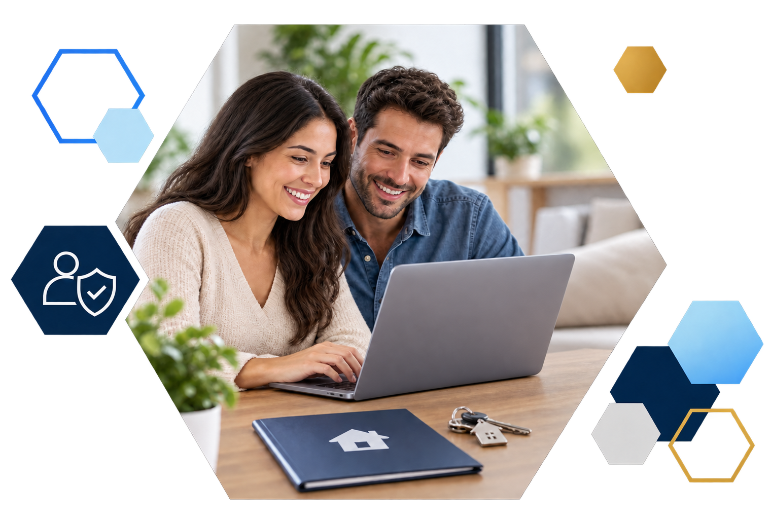 Cardholder making a payment on a laptop with analytics overlays, framed in hexagons