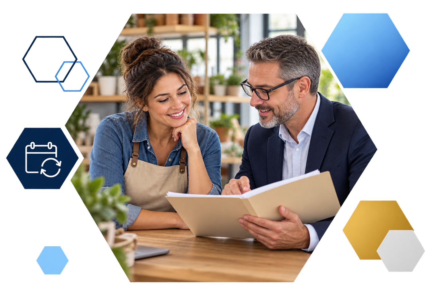 Cardholder making a payment on a laptop with analytics overlays, framed in hexagons