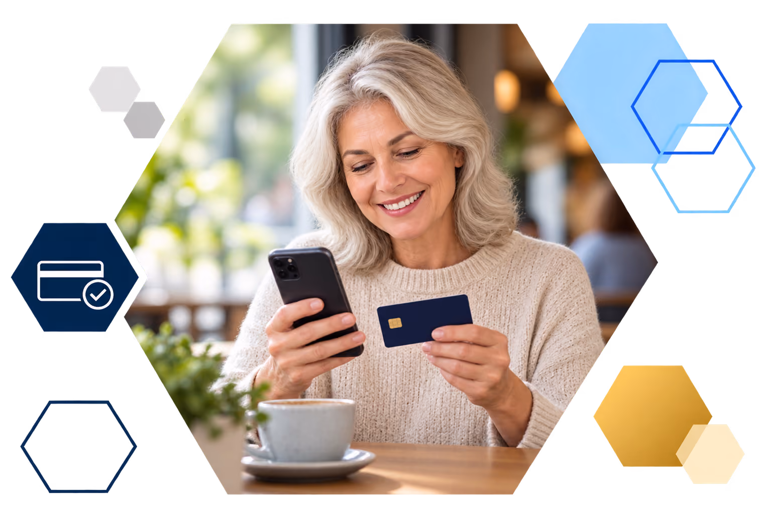 Cardholder making a payment on a laptop with analytics overlays, framed in hexagons