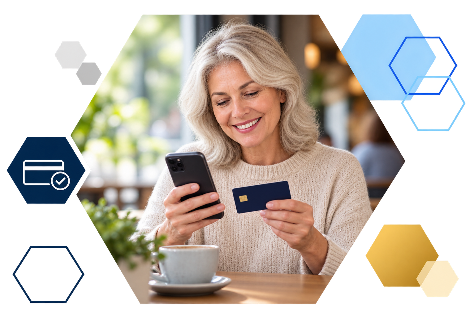 Cardholder making a payment on a laptop with analytics overlays, framed in hexagons