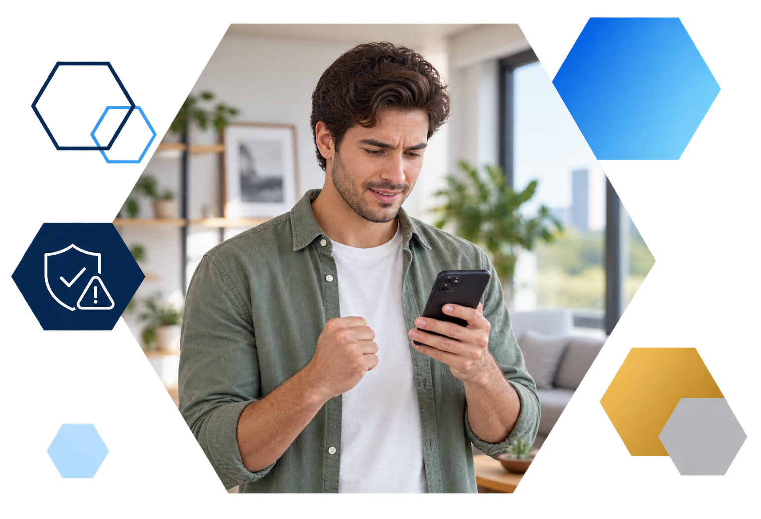 Cardholder making a payment on a laptop with analytics overlays, framed in hexagons