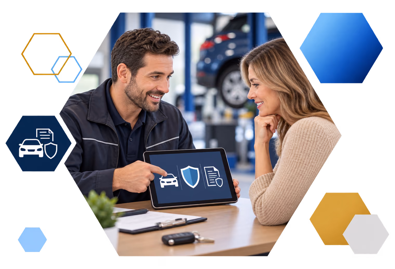 Cardholder making a payment on a laptop with analytics overlays, framed in hexagons