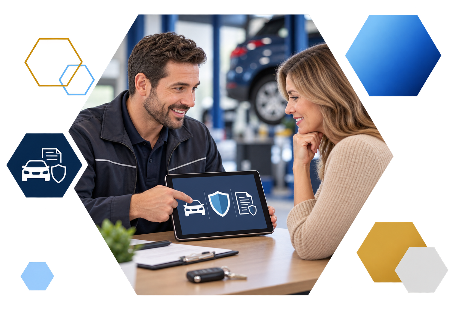 Cardholder making a payment on a laptop with analytics overlays, framed in hexagons