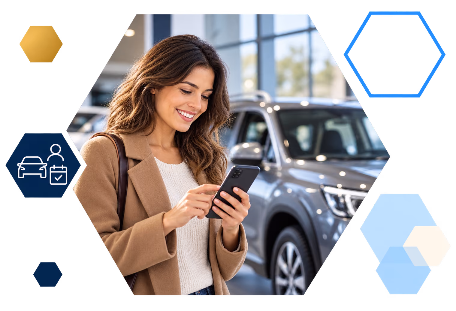 Cardholder making a payment on a laptop with analytics overlays, framed in hexagons