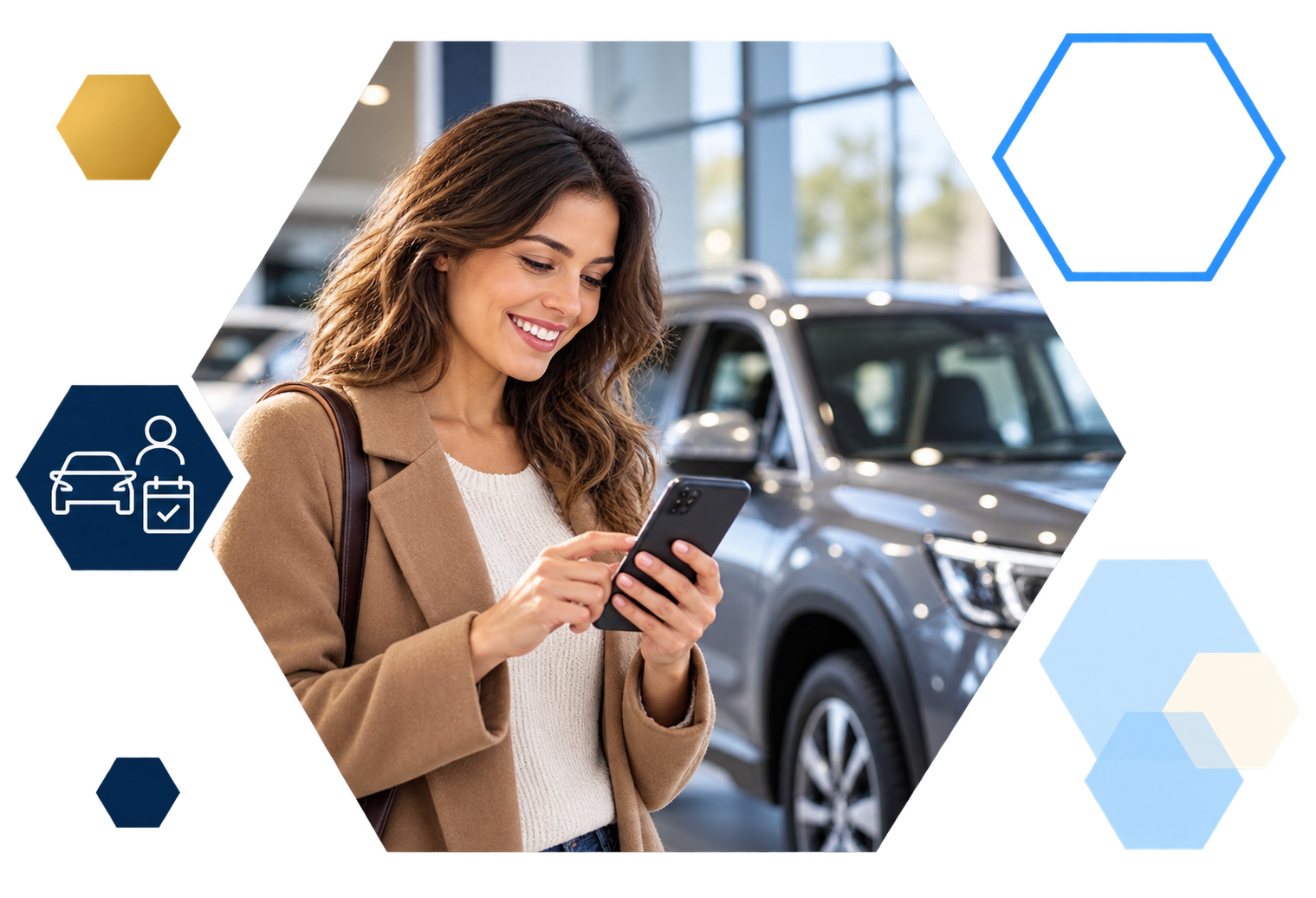 Cardholder making a payment on a laptop with analytics overlays, framed in hexagons