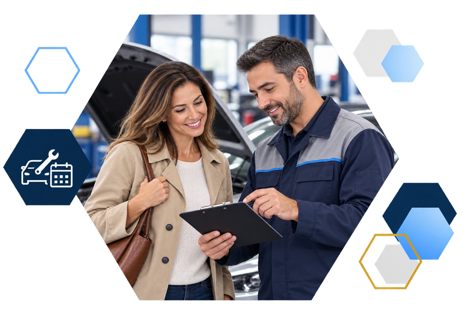 Cardholder making a payment on a laptop with analytics overlays, framed in hexagons