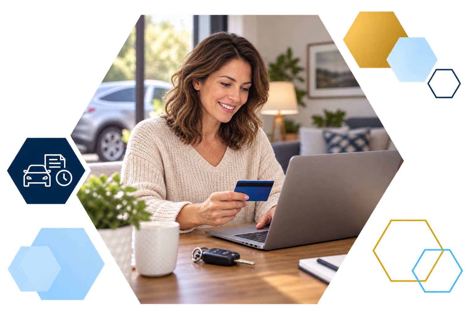 Cardholder making a payment on a laptop with analytics overlays, framed in hexagons