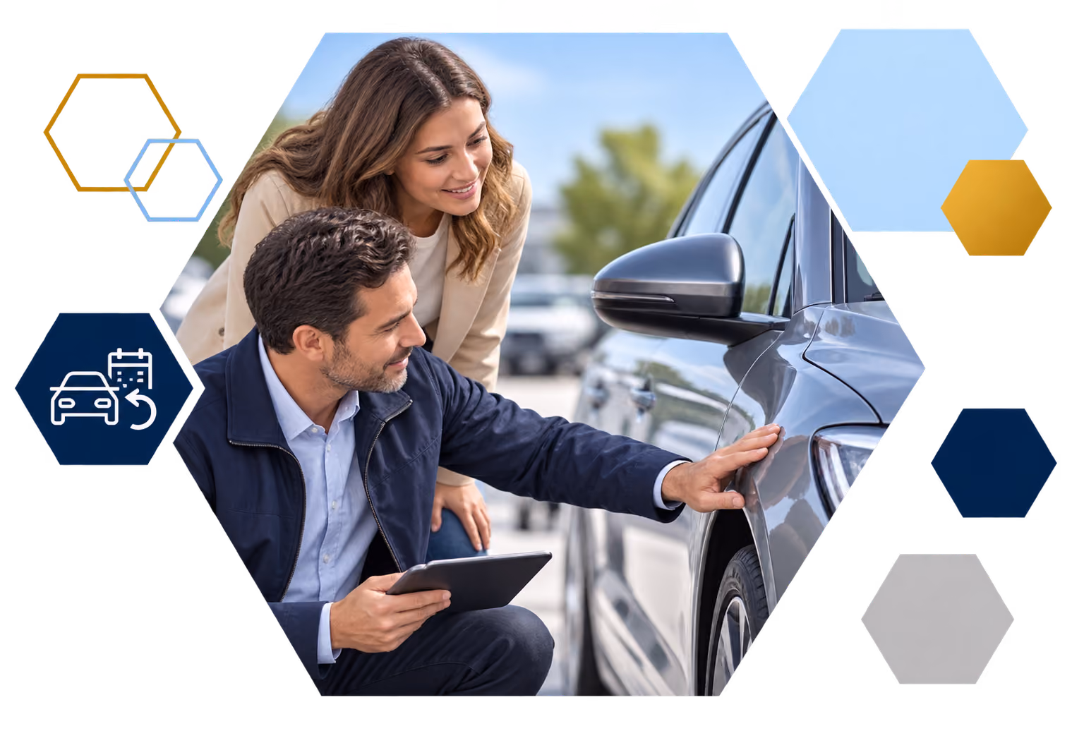 Cardholder making a payment on a laptop with analytics overlays, framed in hexagons