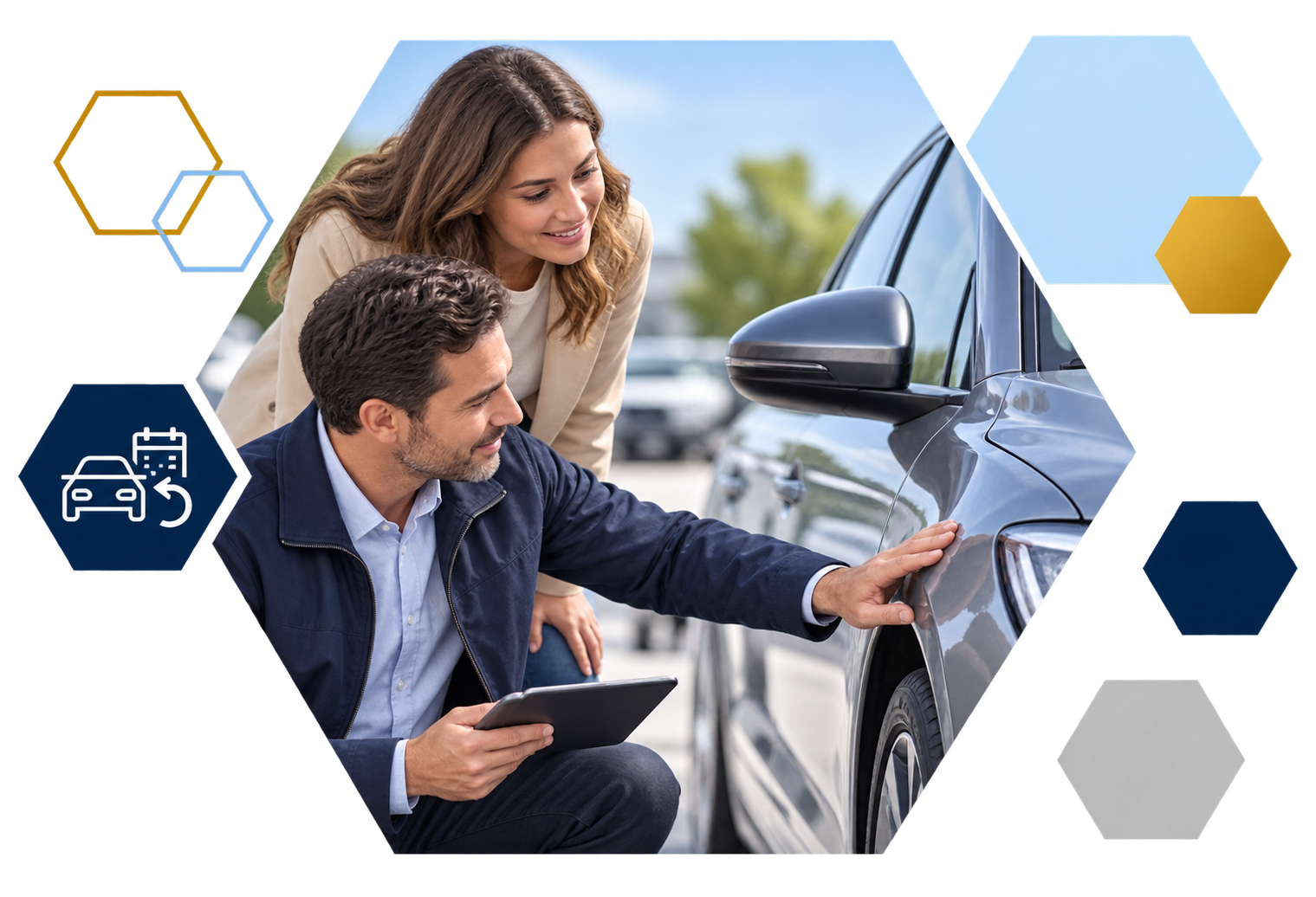 Cardholder making a payment on a laptop with analytics overlays, framed in hexagons