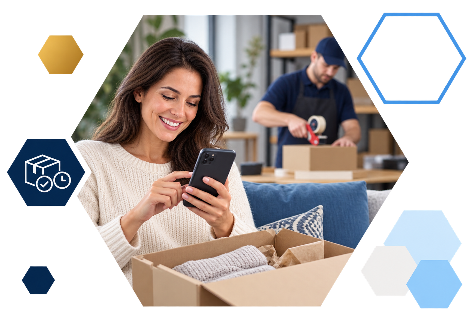 Cardholder making a payment on a laptop with analytics overlays, framed in hexagons