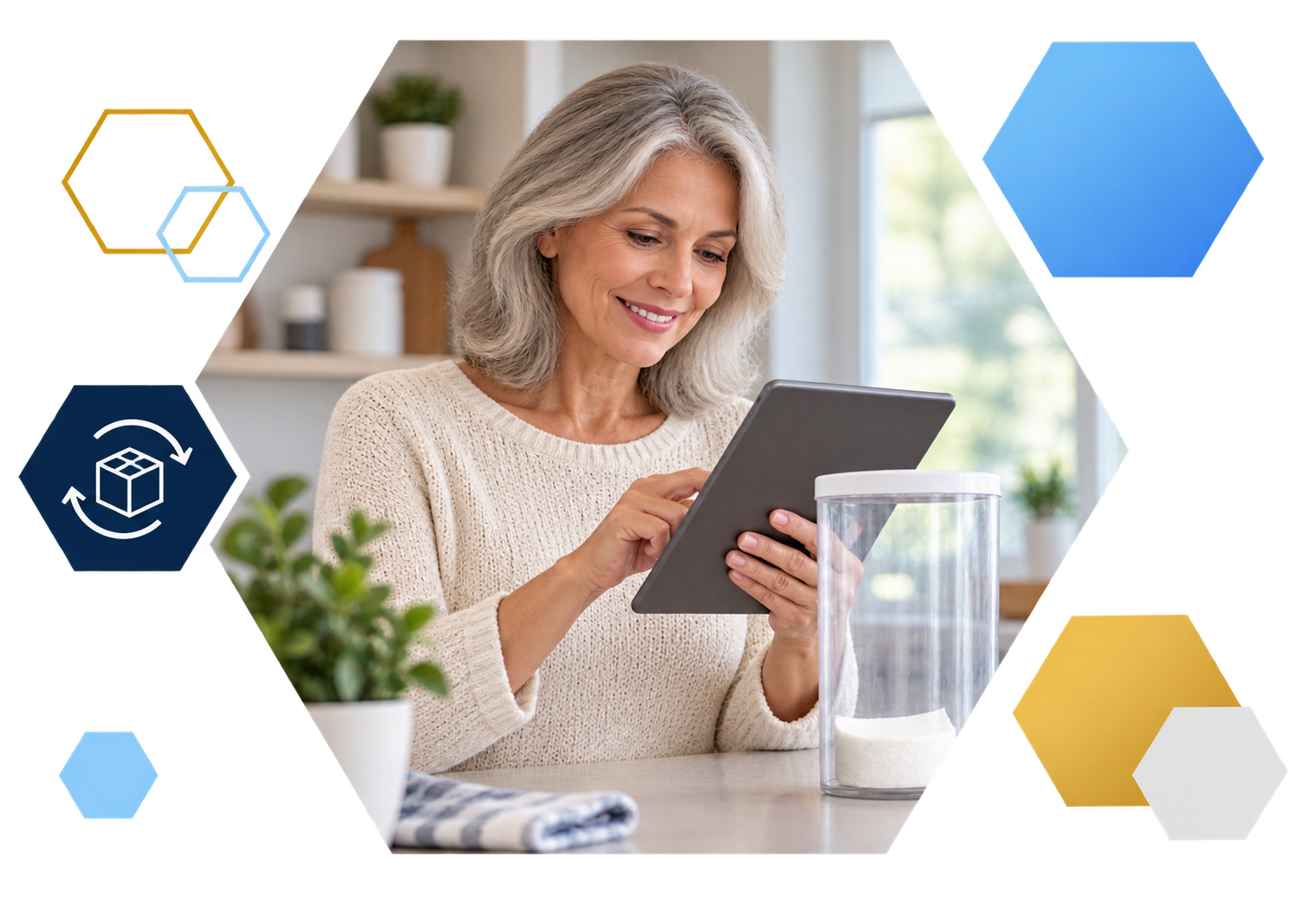 Cardholder making a payment on a laptop with analytics overlays, framed in hexagons