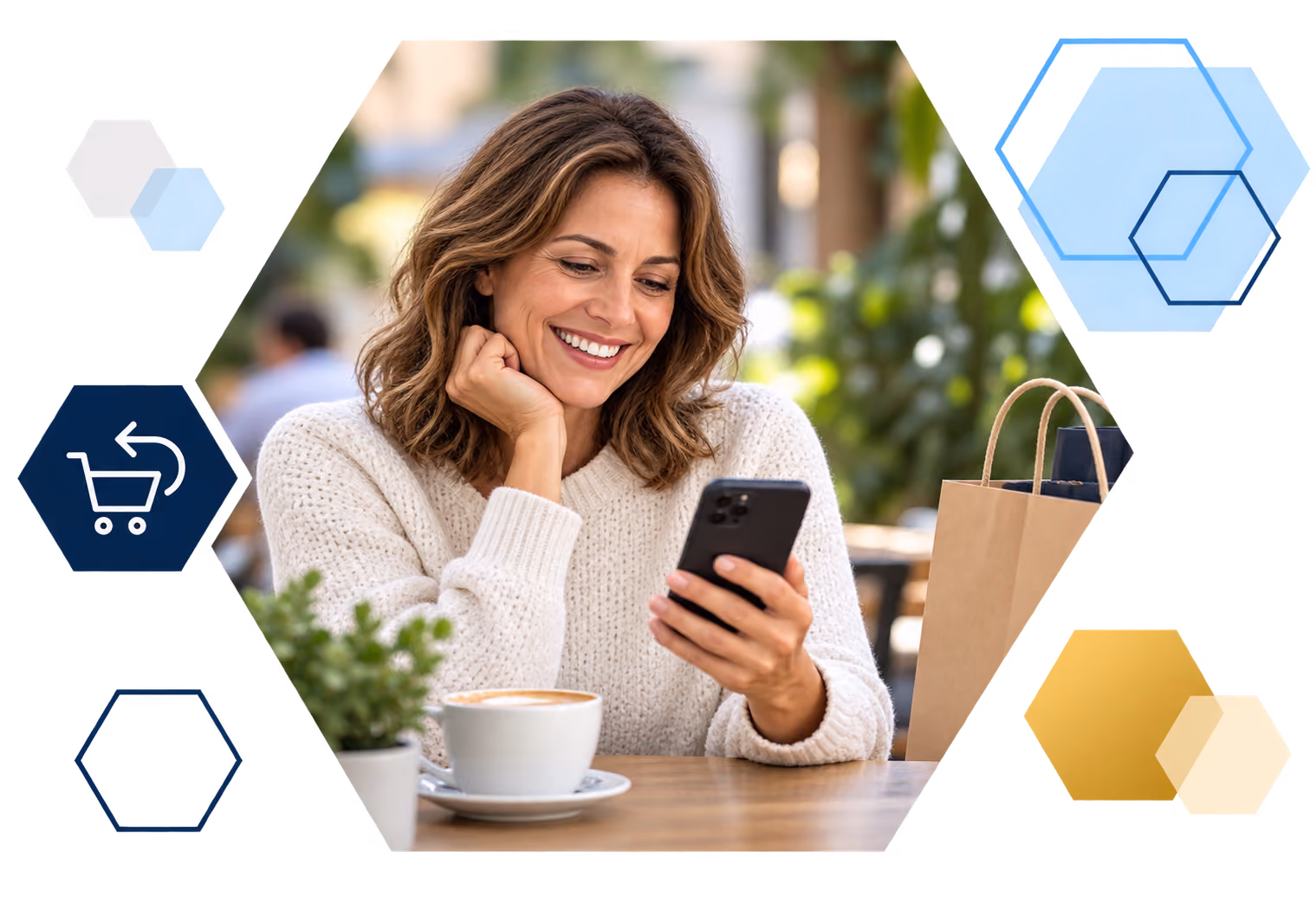 Cardholder making a payment on a laptop with analytics overlays, framed in hexagons