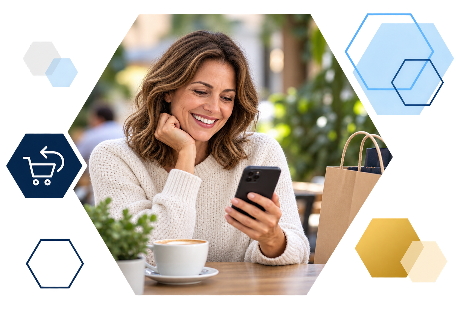 Cardholder making a payment on a laptop with analytics overlays, framed in hexagons