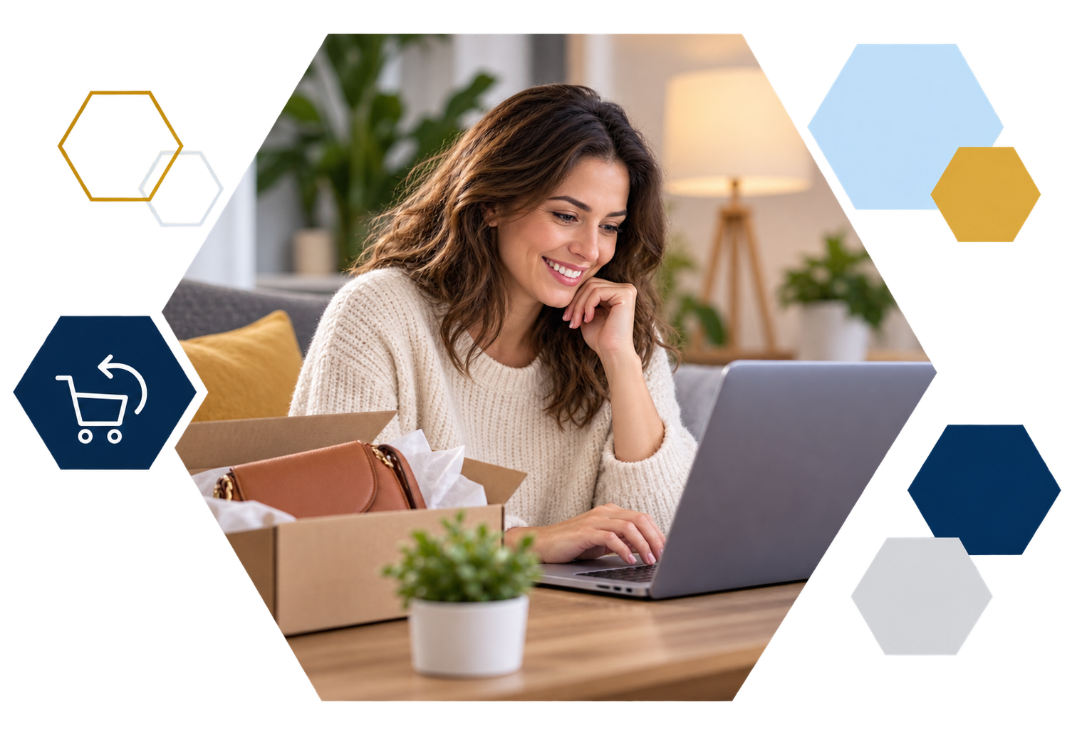 Cardholder making a payment on a laptop with analytics overlays, framed in hexagons