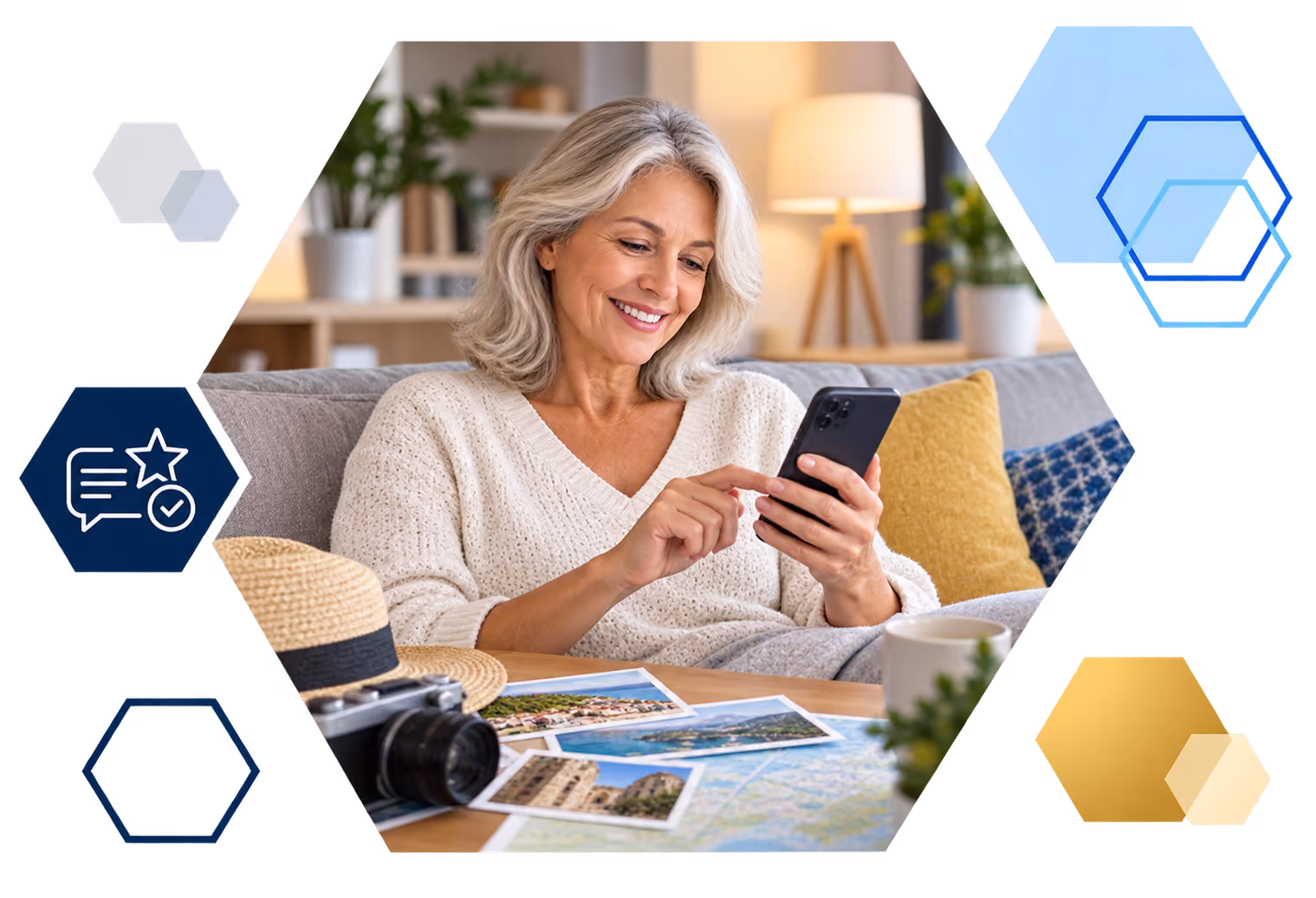 Cardholder making a payment on a laptop with analytics overlays, framed in hexagons