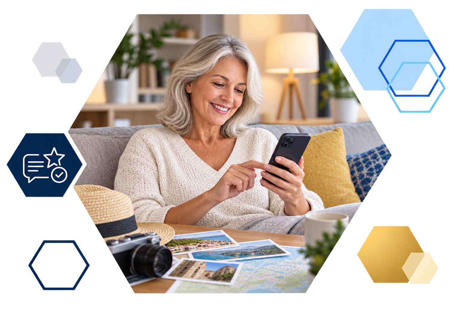 Cardholder making a payment on a laptop with analytics overlays, framed in hexagons