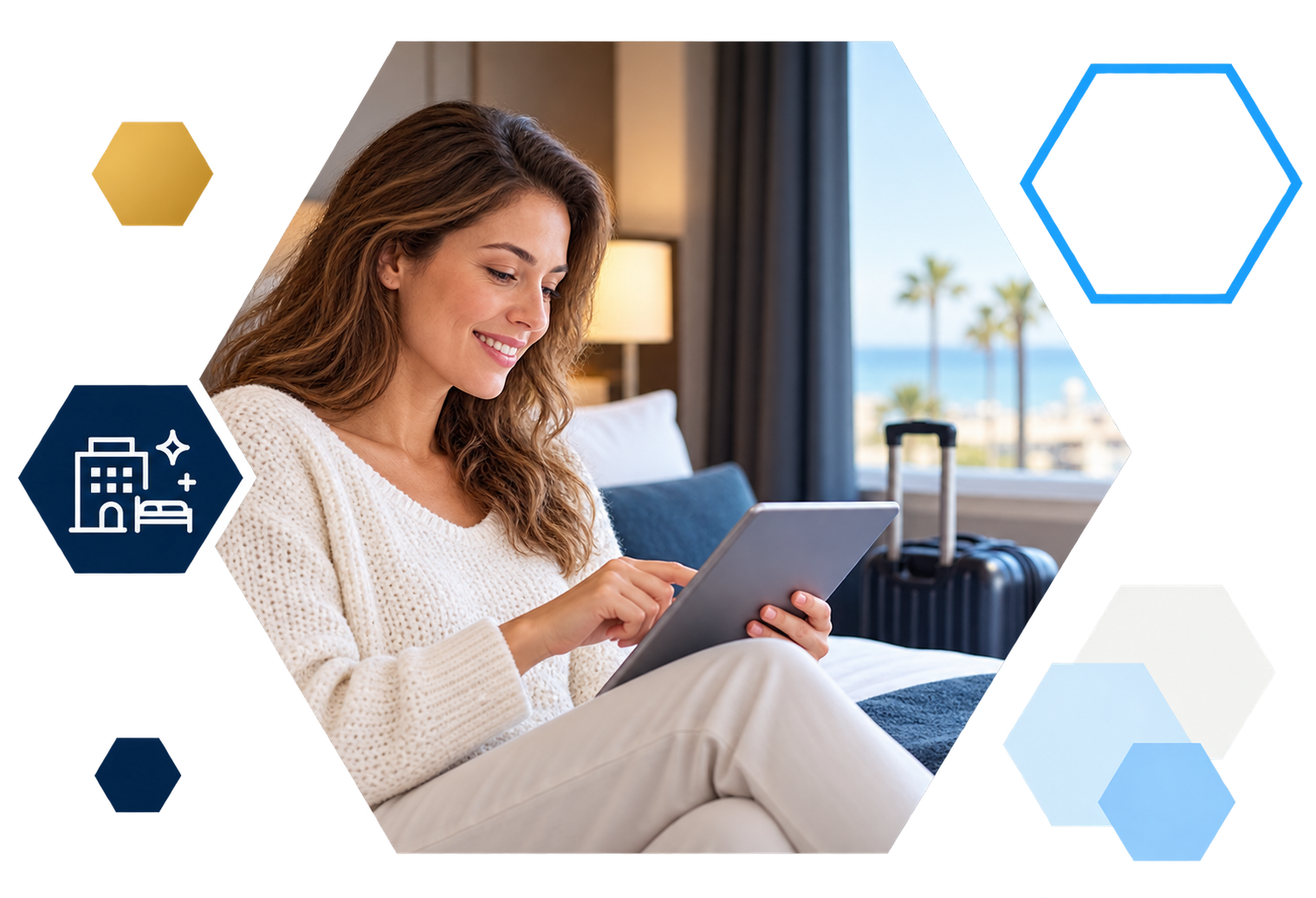 Cardholder making a payment on a laptop with analytics overlays, framed in hexagons