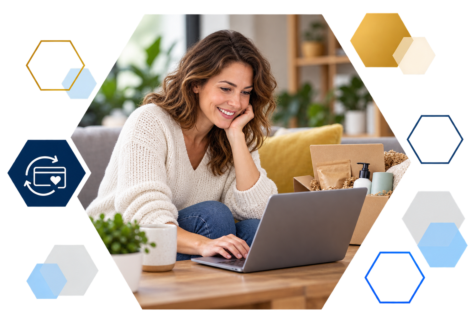 Cardholder making a payment on a laptop with analytics overlays, framed in hexagons