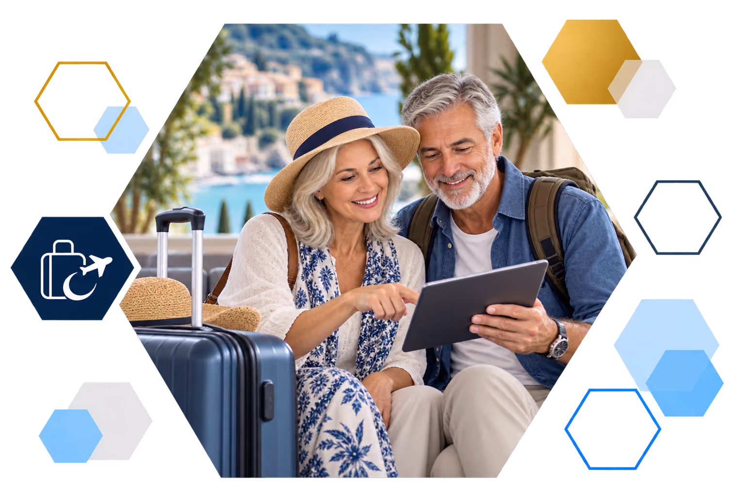 Cardholder making a payment on a laptop with analytics overlays, framed in hexagons