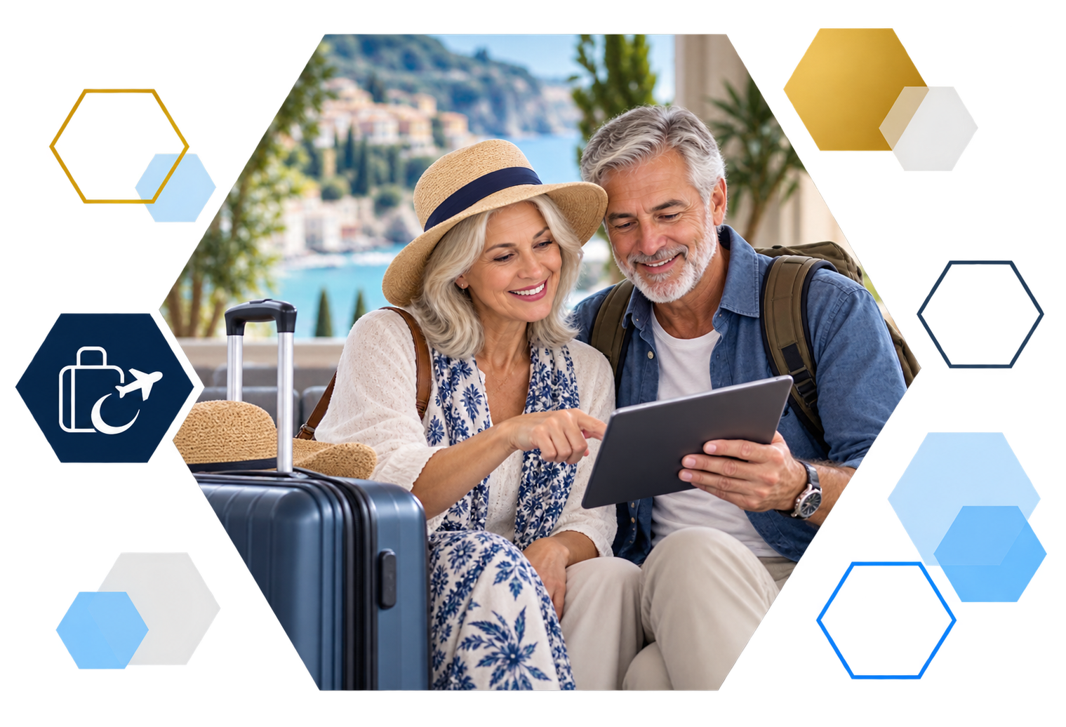 Cardholder making a payment on a laptop with analytics overlays, framed in hexagons