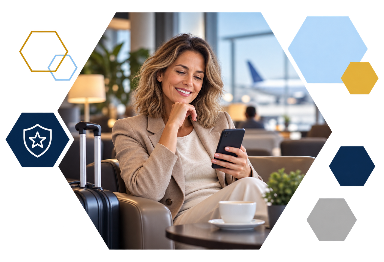 Cardholder making a payment on a laptop with analytics overlays, framed in hexagons