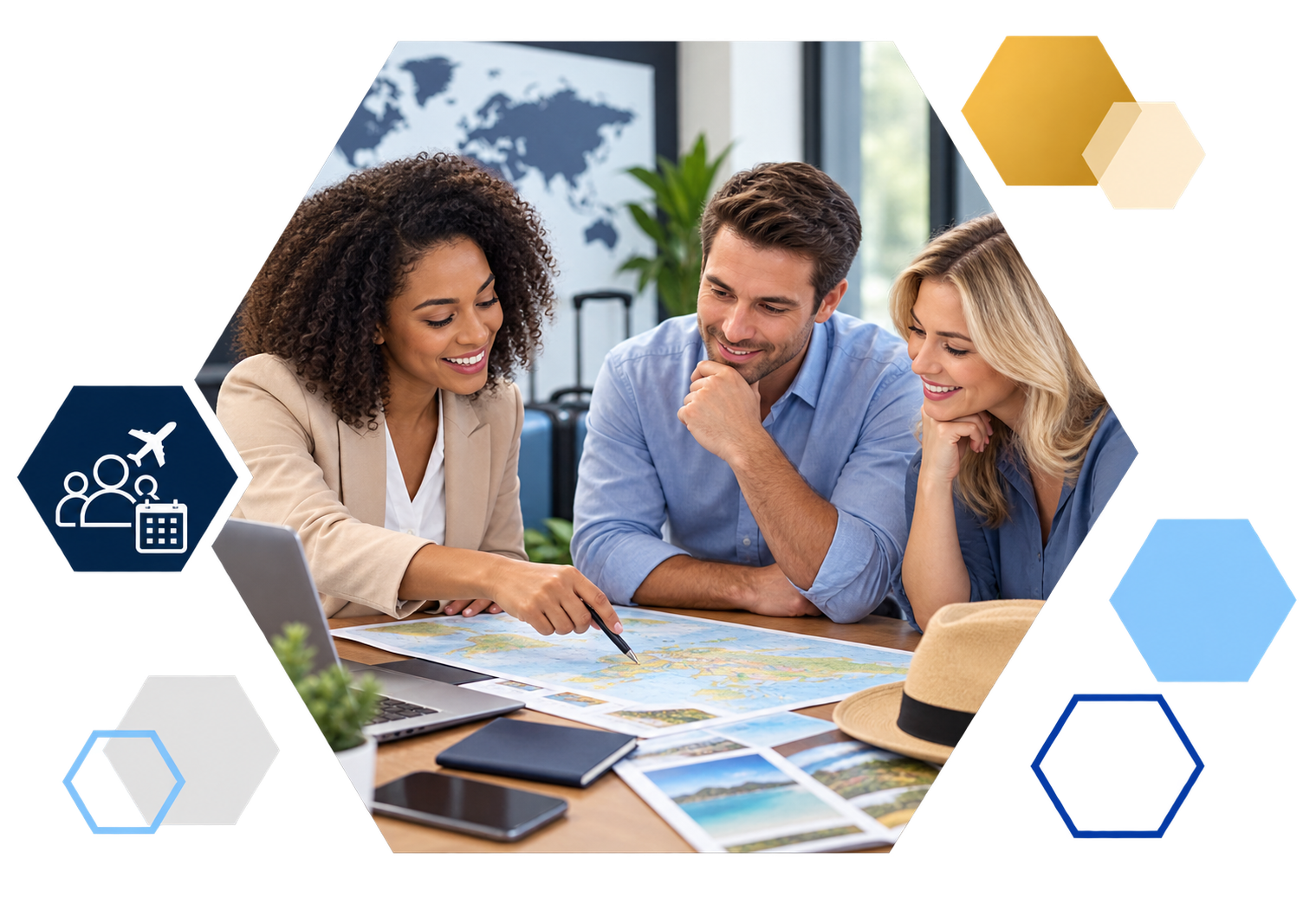 Cardholder making a payment on a laptop with analytics overlays, framed in hexagons