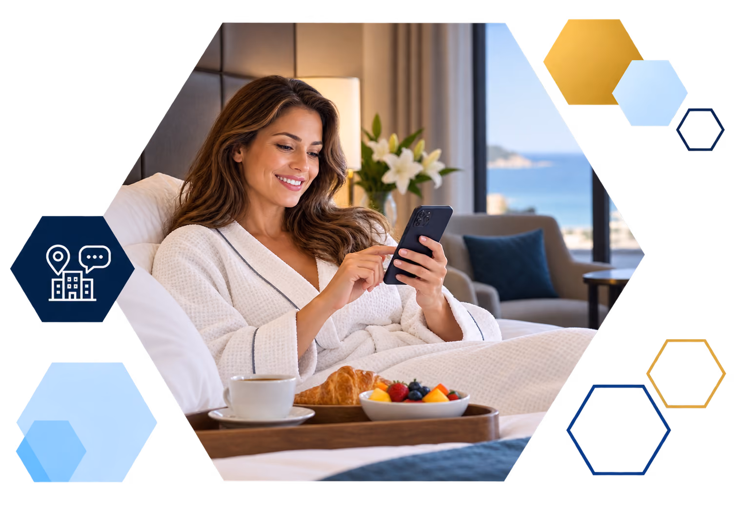 Cardholder making a payment on a laptop with analytics overlays, framed in hexagons